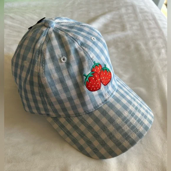 Blue Gingham Cap with Strawberry Embroidery — NWT! - Picture 2 of 4